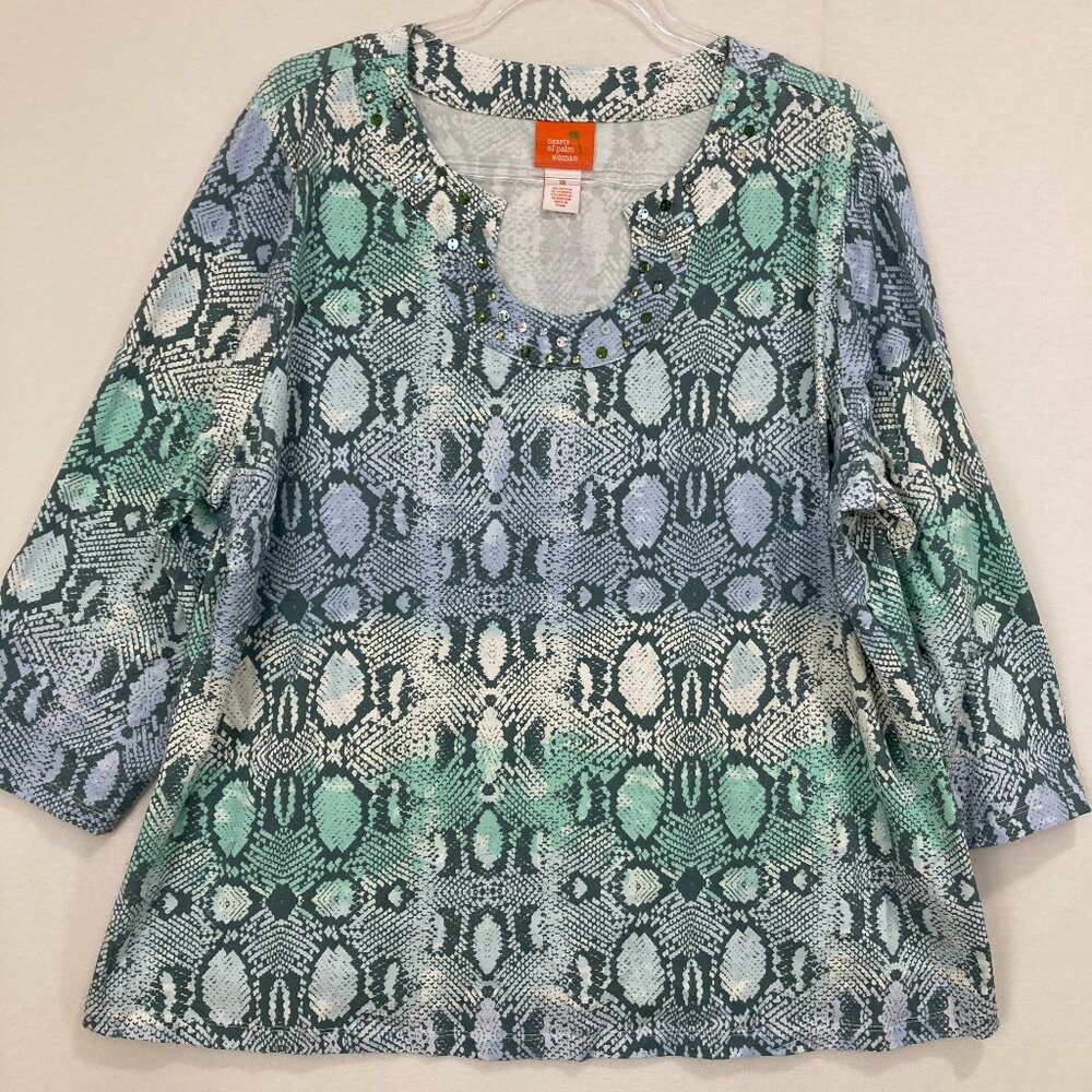 Hearts of Palm Top‎ 1X Multi Color Abstract Embellished 3/4 Sleeve Stretch Knit